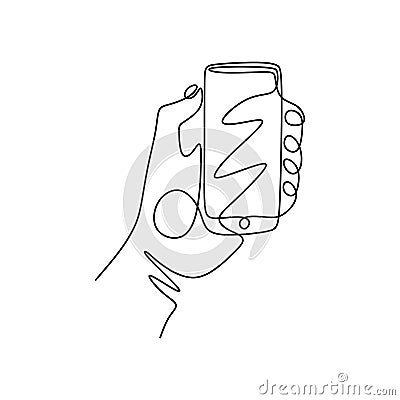 Continuous one line drawing hand holding smartphone or mobile phone. Concept of technology gadget vector minimalism illustration Vector Illustration