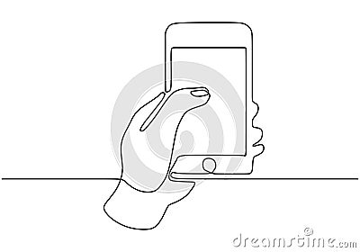 Continuous one line drawing of hand holding smartphone vector. Technology cell phone theme design Vector Illustration