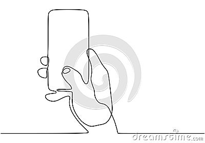 Continuous one line drawing of hand holding smartphone vector. Technology cell phone theme design Vector Illustration