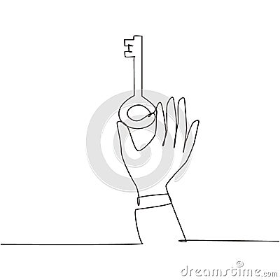 Continuous one line drawing hand holding vintage key. Key takeaways design. Hand with an old key. Retro style unlock icon. Classic Vector Illustration