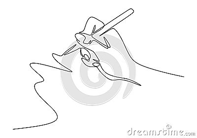 Continuous one line drawing of hand writing minimalism style. Fingers holding ink pen or pencil to draw or write on paper Vector Illustration