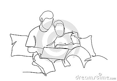 Continuous one line drawing happy couple of man and woman using laptop. Family is sitting on the couch with devices. Vector Cartoon Illustration