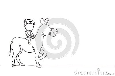 Continuous one line drawing happy cute boy riding cute donkey. Child sitting on back donkey with saddle in ranch park. Kids Vector Illustration