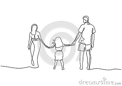 Continuous one line drawing of happy family. Concept of father, mother, and daughter holding hands vector minimalism Vector Illustration