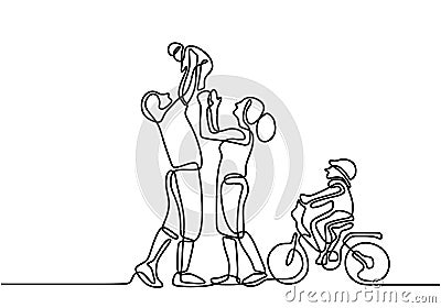 Continuous one line drawing. Happy family mother and father playing with children. Cute children riding bike and parent playing Vector Illustration