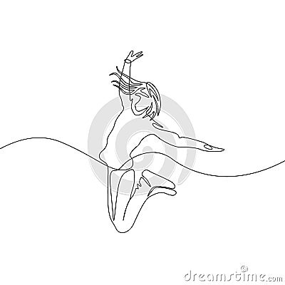 Continuous one line drawing happy jumping girl Vector Illustration
