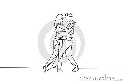 Continuous one line drawing happy people dancing salsa. Couples, man and woman in dance. Pairs of dancers with waltz tango and Vector Illustration