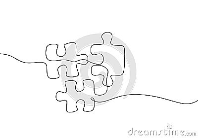 Continuous one line drawing of jigsaws on white background. Puzzle game symbol and sign business metaphor of problem solving, Vector Illustration