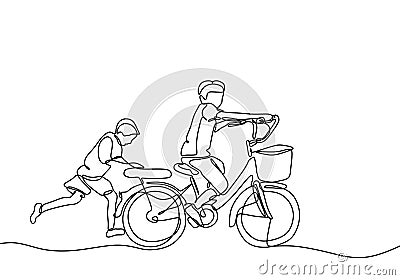 Continuous one line drawing of kids playing bicycle with friend. Friendship and childhood theme. Act of kindness of young boy help Vector Illustration