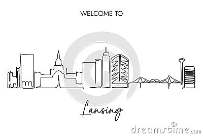 Continuous one line drawing of Lansing Skyline with Welcome to Lansing Copywriting. Hand drawing style design Stock Photo