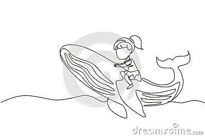 Continuous one line drawing little girl riding blue whale. Young kid sitting on back of whale at beach. Child learning to ride Vector Illustration