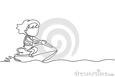 Continuous one line drawing little girl riding jet ski. Happy smiling child with rides water scooter on ocean waves. Summer water Vector Illustration