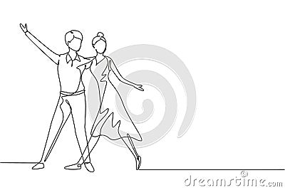 Continuous one line drawing male female professional dancer couple dancing tango, waltz dances together on dancing contest Vector Illustration