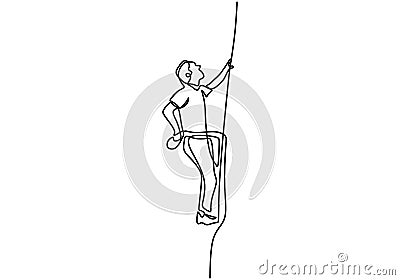 Continuous one line drawing of man doing climbing. Energetic young male practices rock climbing the rope for safety isolated on Vector Illustration