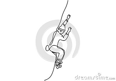 Continuous one line drawing of man doing climbing. Energetic young male practices rock climbing the rope for safety isolated on Vector Illustration