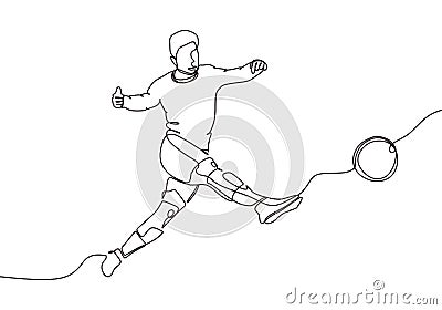 Continuous one line drawing of a man kick a ball during football soccer game. Person of athlete jump and making a goal on sport. Vector Illustration