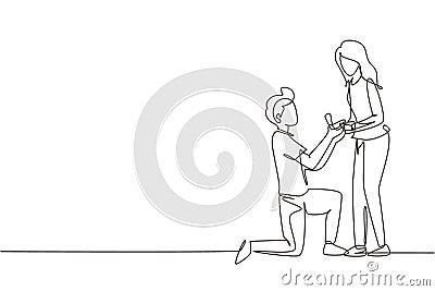 Continuous one line drawing man kneeling holding engagement ring proposing woman marry him happy marriage wedding concept. Guy on Vector Illustration