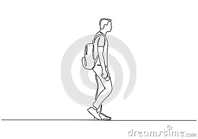 Continuous one line drawing of man walking on the street. Concept of student college person with bag Stock Photo