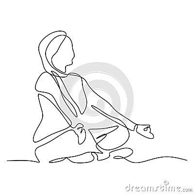 Continuous one line drawing of meditation woman. Girl doing relaxation on yoga exercise with lotus position. Vector illustration Cartoon Illustration