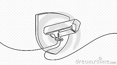 Continuous one line drawing of outdoor security system with shield vector design. Line illustration of CCTV, security camera Vector Illustration