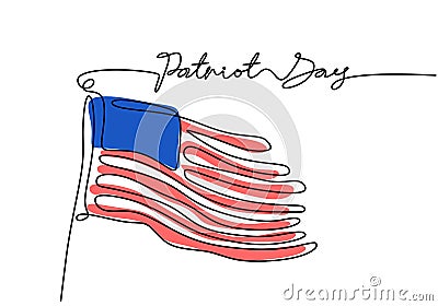 Continuous one line drawing of patriot day background with american flag and patriot day word hand written letter isolated Vector Illustration