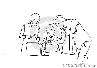 Continuous one line drawing of People discussion. Concept of business talk or briefing and conversation of a man and two women at Vector Illustration