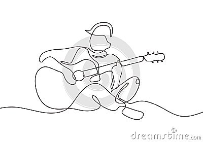 Continuous one line drawing of person playing acoustic guitar instrument. Guy sit and relax play song to make him happy in leisure Vector Illustration