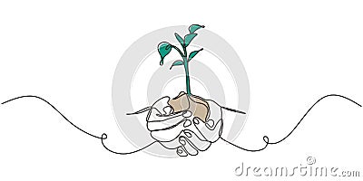 Continuous one line drawing of plant in hand. Hands holding nature sign and symbol vector illustration. Minimalism design and Vector Illustration