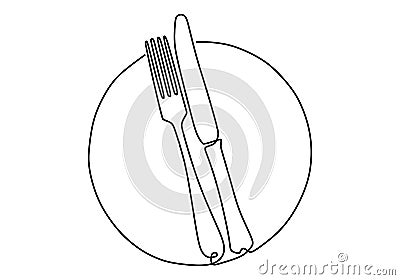 Continuous one line drawing plate, knife and fork. Restaurant logo. Minimalism hand drawn one line art minimalist vector Vector Illustration