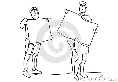 Continuous one line drawing. Protesters crowd simple black and white vector back view. Continuous one line drawing, illustration Vector Illustration