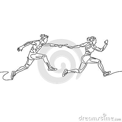 Continuous one line drawing relay race, runner passes the baton. Teamwork concept. Vector Illustration
