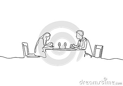 Continuous one line drawing of romantic couple dinner with table, food, and wine. Vector metaphor of love, dating, and restaurant Vector Illustration