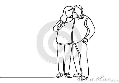 Continuous one line drawing of romantic couple. Romantic elderly couple. Happy grandparents isolated on white background. Old Vector Illustration