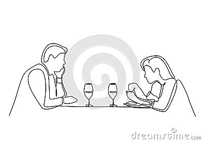 Continuous one line drawing of romantic dinner of couple dating. Romance and love moment of beauty girl and handsome man sitting Cartoon Illustration