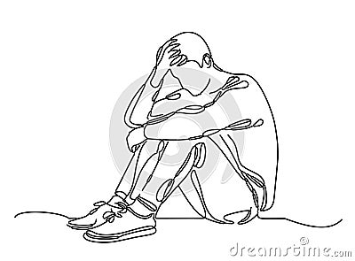 Continuous one line drawing of a sad man sitting on floor and deep thinking depressed solving problem editable line Cartoon Illustration