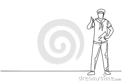 Continuous one line drawing a sailor man stands with a thumbs-up gesture to be part of a cruise ship carrying passengers traveling Vector Illustration