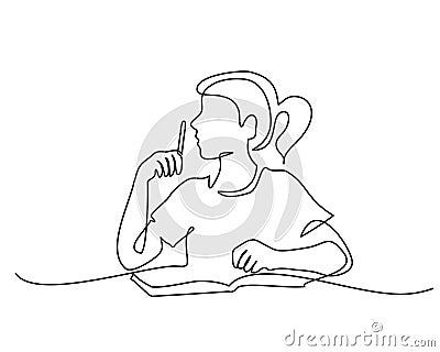 Schoolgirl sitting and writing with pencil on book Vector Illustration