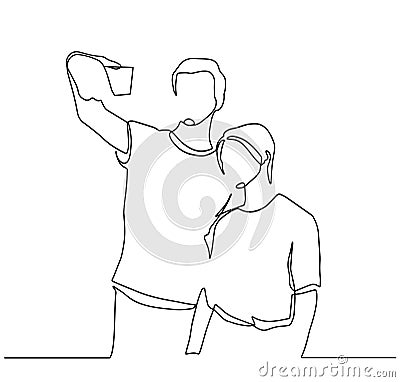 Continuous One Line Drawing of Selfie lover couple. Vector illustration portrait character of young man and woman, holding Cartoon Illustration