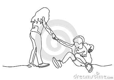 Continuous one line drawing of Sister help her little brother. Act of kindness within childhood theme. Young girl and child boy. Vector Illustration