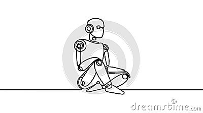 Continuous one line drawing sitting robot. Metal computer man or cyborgs. Friendly mechanism. Vector Illustration