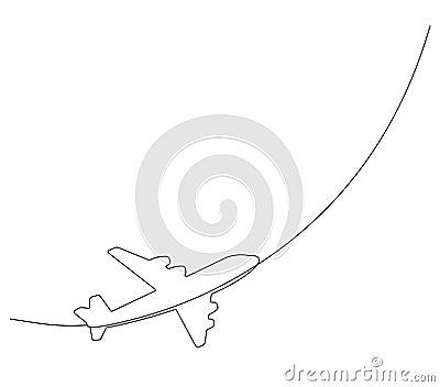 Continuous one line drawing. Soaring plane with flight path on a white background Vector Illustration