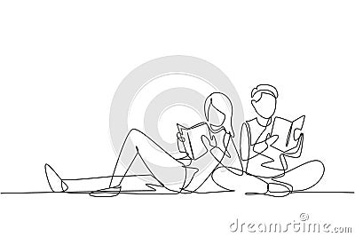 Continuous one line drawing students woman and man reading together, learning and sitting at park. Literature fans or lovers, Vector Illustration