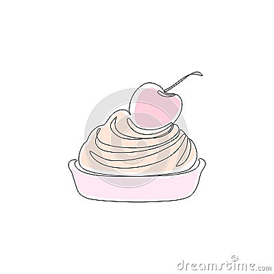 Continuous one line drawing of tart with cherry vanilla whipped cream cheese Vector Illustration
