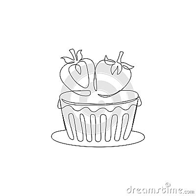 Continuous one line drawing of tart with strawberries vanilla cream cheese Vector Illustration