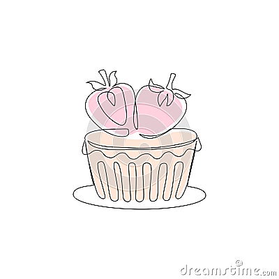 Continuous one line drawing of tart with strawberries vanilla cream cheese Vector Illustration