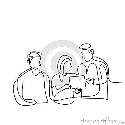 Continuous one line drawing of team doctors. Three professional doctors discussing about diagnostic patient. Medical healthcare Vector Illustration