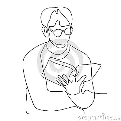 Continuous one line drawing teenager man reading book vector illustration minimalist concept education theme Cartoon Illustration