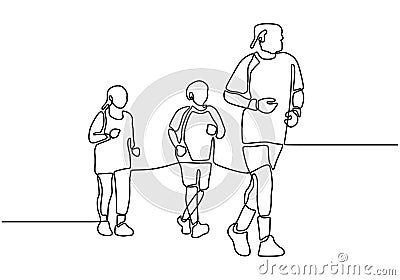 Continuous one line drawing of three person jogging and running for healthy body. Vector minimalism illustration simplicity style Vector Illustration