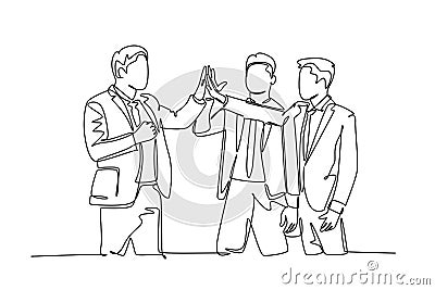 Continuous one line drawing three young happy businessmen celebrate their successive business and giving high fives gesture. Cartoon Illustration