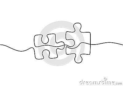 Continuous one line drawing of two pieces of jigsaw on white background. Puzzle game symbol and sign business metaphor of problem Vector Illustration